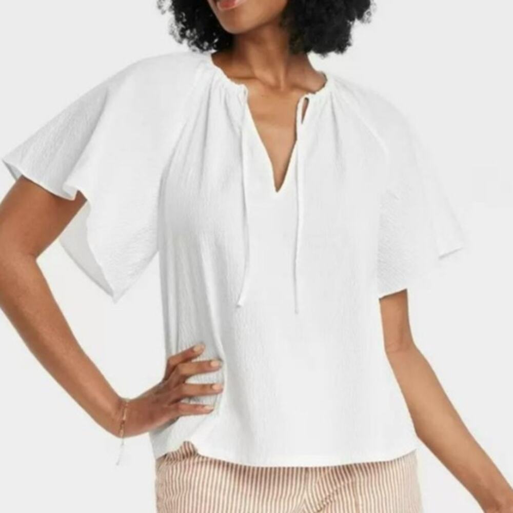 A New Day Popover Top Womens Large Flounce Short Sleeve VNeck Tie Front White - Picture 3 of 10